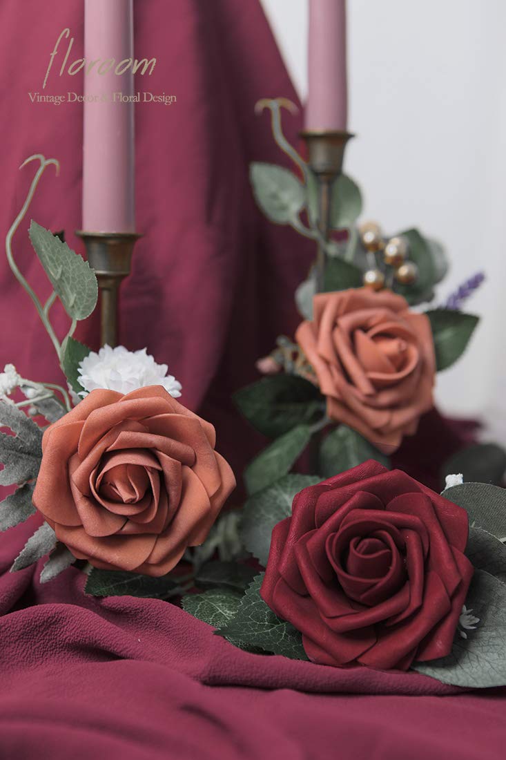 Floroom Artificial Flowers 25pcs Real Looking Burgundy Foam Fake Roses with Stems for DIY Wedding Bouquets Red Bridal Shower Centerpieces Party Decorations - Image 2